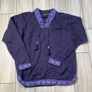 American South Side 100% Alpaca Tie-Front Sweater Purple Tribal Print Size Med